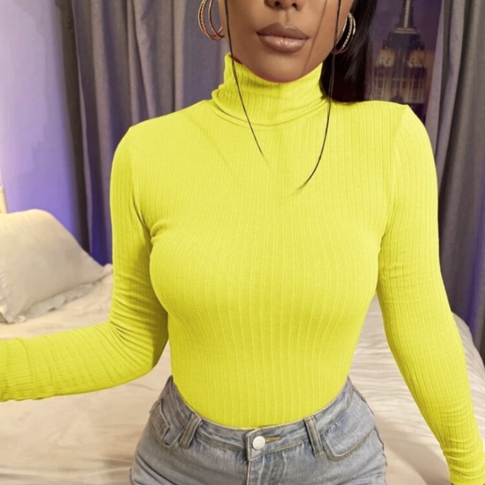 High Neck Rib-Knit Long Sleeved Top